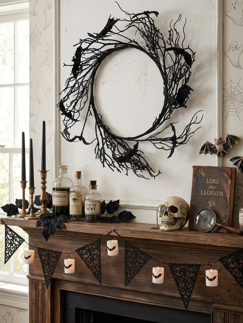 Black Twig Spooky Bat Halloween Wreath – Home Accents